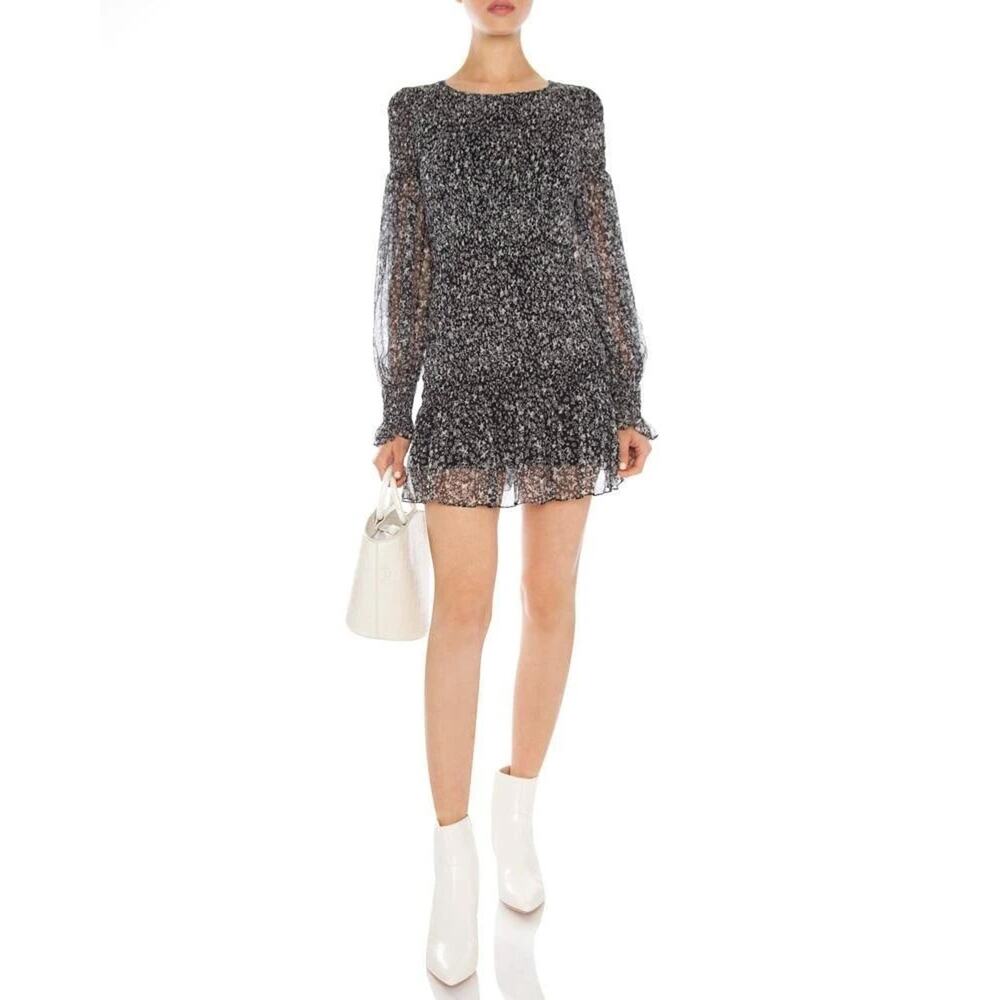 LoveShackFancy Scarlett Silk Mini Dress XS Black White Long Sleeve Smocked EUC - Picture 8 of 11